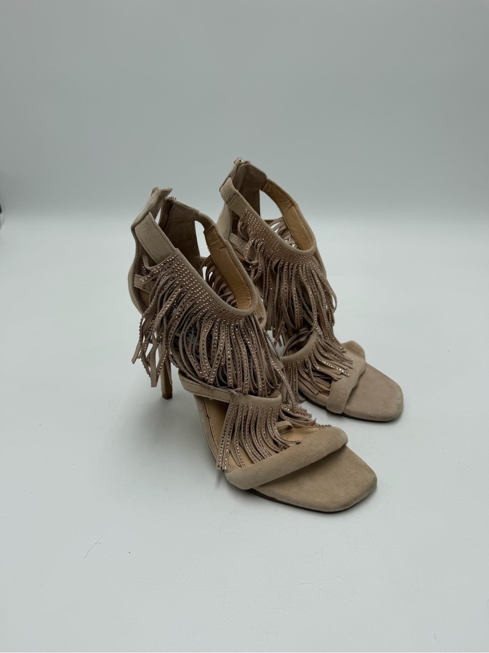 Steve Madden Suede Fringe Rhinestone Heels Nude Sandals Women’s 6.5